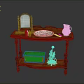 Wooden Console Table With Mirror Decorative Plate Green Pitcher Wicker Basket And Carved Legs