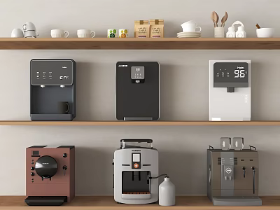 Daily Use Household Appliances on Wooden Shelves with Coffee Machines Water Dispensers and Cups 3d model