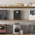 Daily Use Household Appliances on Wooden Shelves with Coffee Machines Water Dispensers and Cups