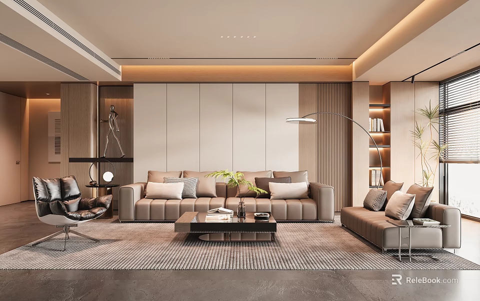 Modern Living Room Interior With Beige Sofa Coffee Table Rug Floor Lamp Bookshelf And Plant 3d model 