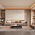 Modern Living Room Interior With Beige Sofa Coffee Table Rug Floor Lamp Bookshelf And Plant