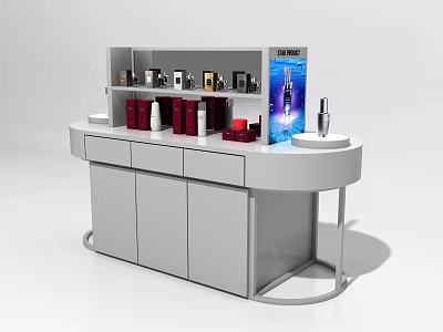 White Retail Display Shelf with Multiple Shelves Digital Screen and Displayed Products 3d model