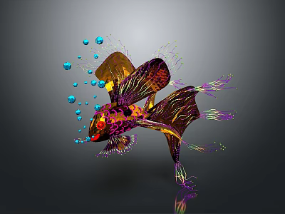Vibrant Colorful Fish With Red Purple Gold Hues Swimming Among Blue Bubbles On Gray Background 3d model