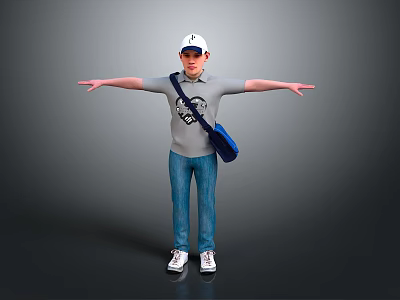 Man In White Cap Gray T-shirt Blue Jeans With Blue Shoulder Bag And Arms Outstretched 3d model