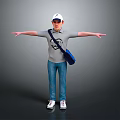 Man In White Cap Gray T-shirt Blue Jeans With Blue Shoulder Bag And Arms Outstretched
