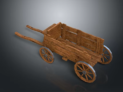Vintage Wooden Hand Cart With Four Spoked Wheels And Solid Wood Construction 3d model