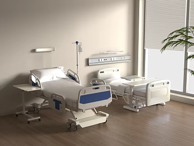 Bright Hospital Room Medical Equipment With Beds Bedside Tables IV Stands Wall Panels And Plants 3d model