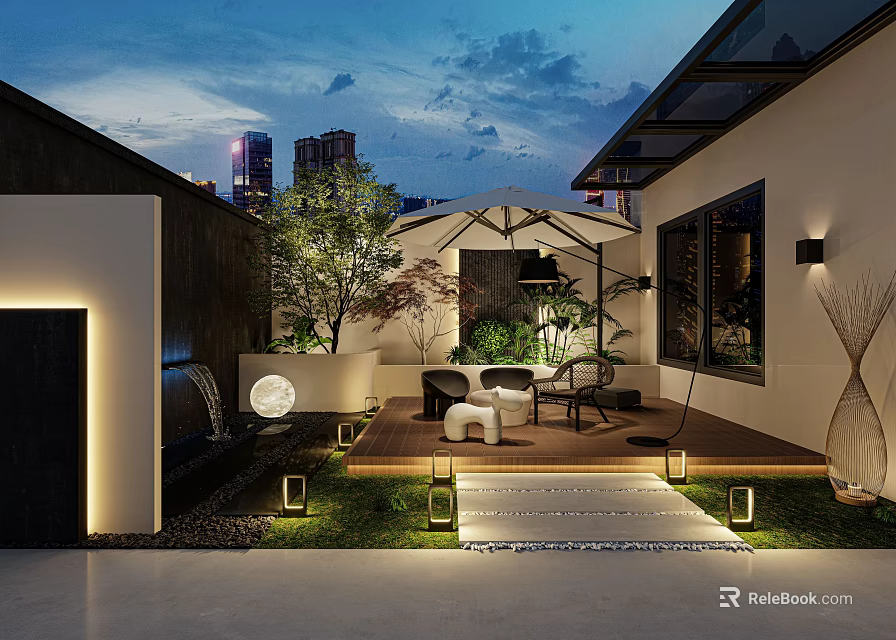 Modern Garden Landscape With Green Trees Outdoor Seating Evening Lighting Stone Pathway And Water Feature 3d model 