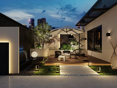 Modern Garden Landscape With Green Trees Outdoor Seating Evening Lighting Stone Pathway And Water Feature 3d model