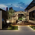 Modern Garden Landscape With Green Trees Outdoor Seating Evening Lighting Stone Pathway And Water Feature