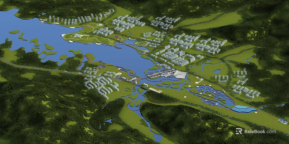 Aerial View of Park Landscape With Large Lake Lush Green Spaces and Connected Residential Buildings 3d model 