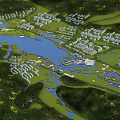 Aerial View of Park Landscape With Large Lake Lush Green Spaces and Connected Residential Buildings