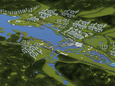 Aerial View of Park Landscape With Large Lake Lush Green Spaces and Connected Residential Buildings 3d model