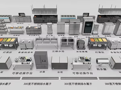 Various Types of 304 Stainless Steel Kitchenware Including Worktables Shelves Sinks and Disinfectors 3d model