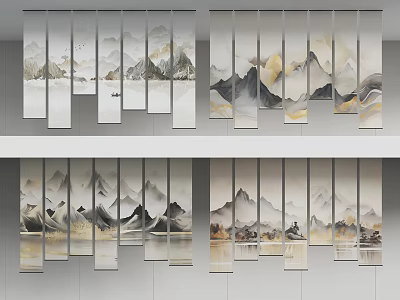 Elegant Panel Curtains With Artistic Chinese Mountain Landscape Patterns For Modern Interior 3d model