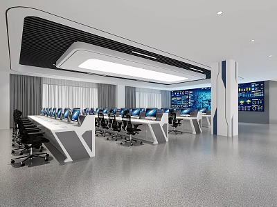 Modern Monitoring Room Interior With Rows Of Computers And Screens 3d model