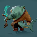 Cartoon Shark Character Holding Glowing Blue Weapon Dressed In Brown Shirt With Red Bead Bracelet