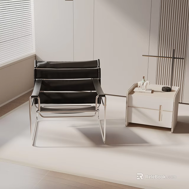 Modern Black Leather Leisure Chair With Metal Frame In Minimalist Interior And Side Table 3d model 