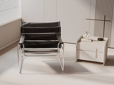 Modern Black Leather Leisure Chair With Metal Frame In Minimalist Interior And Side Table 3d model