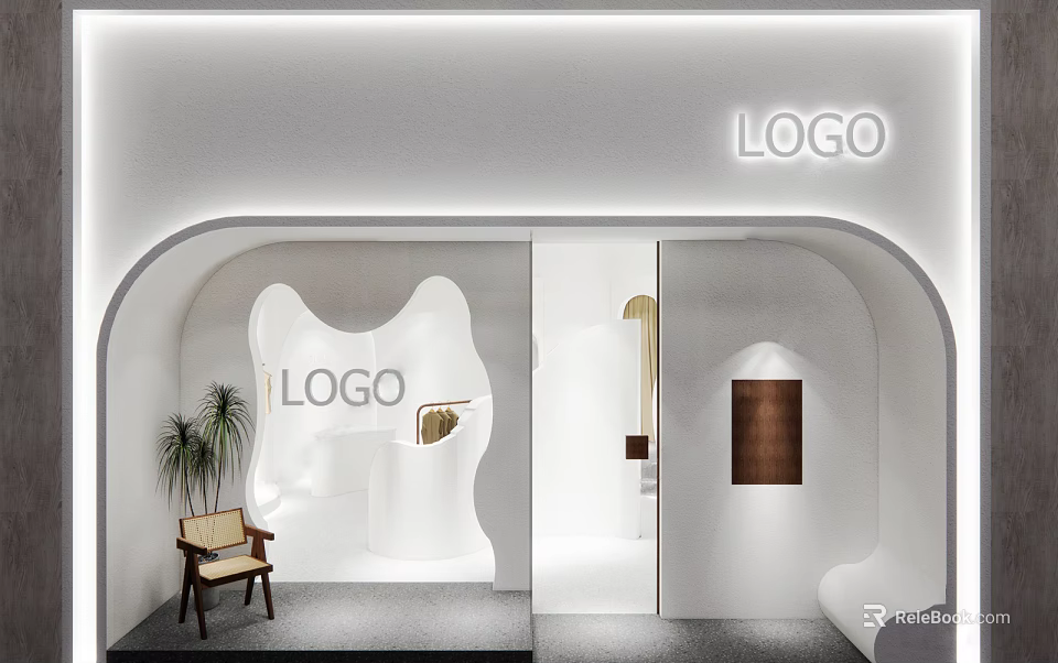 Modern Storefront Facade Design With White Curved Entrance Potted Plant And Wooden Chair 3d model 