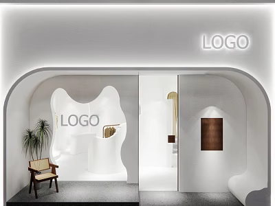 Modern Storefront Facade Design With White Curved Entrance Potted Plant And Wooden Chair 3d model