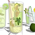 Refreshing Summer Drinks with Lemon Lime Slices Mint Leaves Ice Cubes and Straws in Glasses