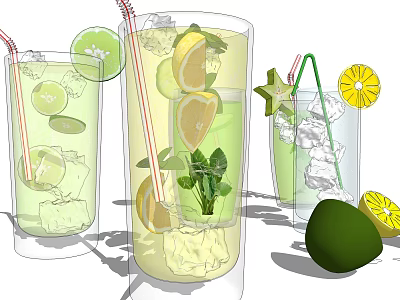 Refreshing Summer Drinks with Lemon Lime Slices Mint Leaves Ice Cubes and Straws in Glasses 3d model