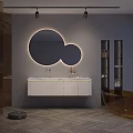 Modern Bathroom Vanity with Backlit Circular Mirrors Black Shelves and White Countertop