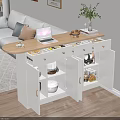 White Sideboard With Drawers Doors Featuring Laptop Cup Bread Green Plant Vase In Living Room