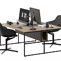 Modern Office Desk with Wooden Top Black Metal Frame Dual Monitors and Office Chairs