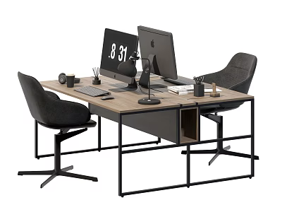 Modern Office Desk with Wooden Top Black Metal Frame Dual Monitors and Office Chairs 3d model