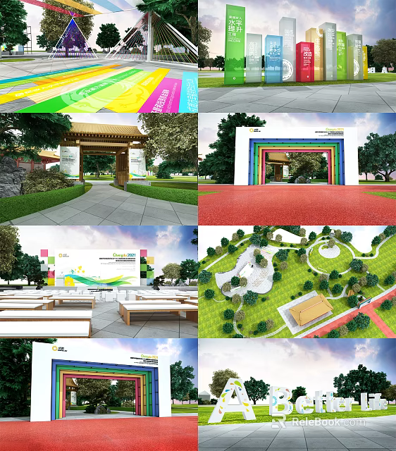 Colorful Outdoor Stage With Rainbow Archway Green Lawn And Pavilion Seats 3d model 