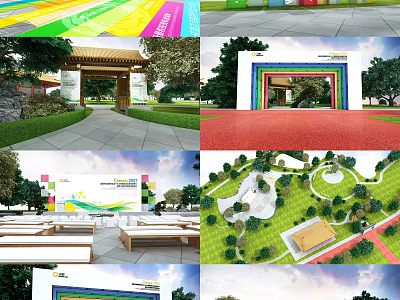 Colorful Outdoor Stage With Rainbow Archway Green Lawn And Pavilion Seats 3d model