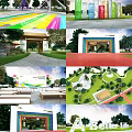 Colorful Outdoor Stage With Rainbow Archway Green Lawn And Pavilion Seats