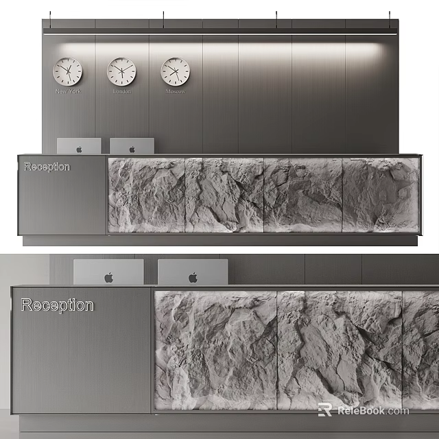 Modern Reception Desk With Three Clocks Metal Wall Rock Texture Countertop And Reception Sign 3d model 