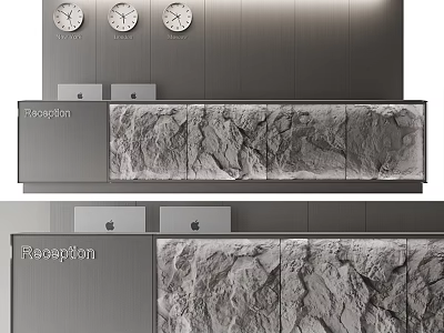 Modern Reception Desk With Three Clocks Metal Wall Rock Texture Countertop And Reception Sign 3d model