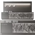 Modern Reception Desk With Three Clocks Metal Wall Rock Texture Countertop And Reception Sign