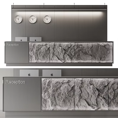 Modern Reception Desk With Three Clocks Metal Wall Rock Texture Countertop And Reception Sign 3d model