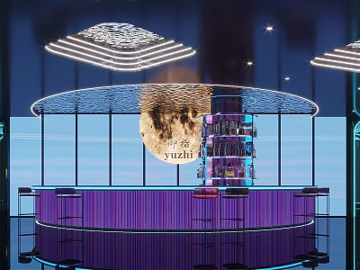 Modern KTV Circular Purple Bar Counter With Neon Lights Wine Rack And High Stools 3d model