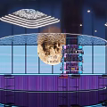 Modern KTV Circular Purple Bar Counter With Neon Lights Wine Rack And High Stools