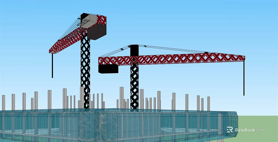 Industrial Tower Cranes Red Black Structure At Construction Site With Columns Glass Curtain Walls 3d model 