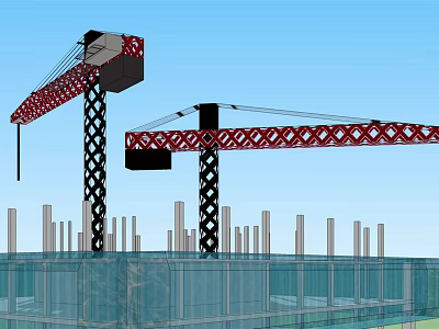 Industrial Tower Cranes Red Black Structure At Construction Site With Columns Glass Curtain Walls 3d model