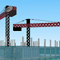 Industrial Tower Cranes Red Black Structure At Construction Site With Columns Glass Curtain Walls