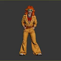 Woman in Orange Flared Pantsuit with Red Curly Hair Posing on Gray Background