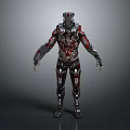 Futuristic Game Movie Character With Mechanical Armor Red Black Details And Complex Tech Structure