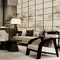 Modern New Chinese-style Office Company Reception Area Reception Area Sofa Tea Table and Combination Chinese-style Floor Lamp Table Lamp Chairman Manager Office Desk and Chair Combination 3d model