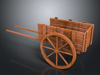 Vintage Wooden Handcart With Large Spoked Wheel And Cargo Bed Structure 3d model