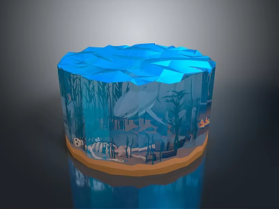 Aquatic Animals Scene in Blue Polyhedron Container with Whale and Aquatic Plants 3d model