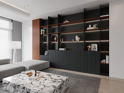 Modern Black And Wooden Bookshelf In Living Room With Layered Shelves And Decorative Items 3d model