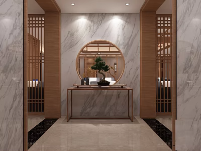 Elegant Chinese Restaurant Interior Featuring Wooden Screens Marble Walls Round Mirror And Green Plants 3d model